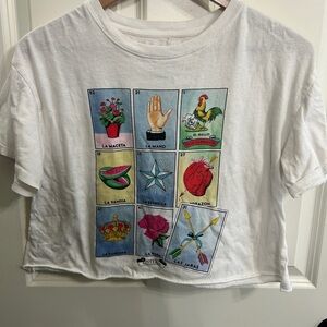 GUC Loteria size M White Graphic Tee. Cropped. Love the images! Spanish vocab